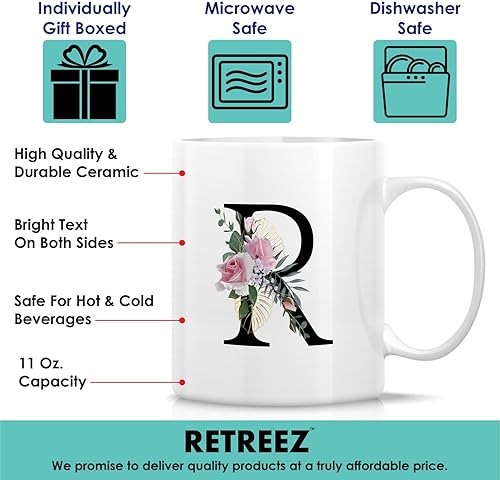 Miniatura 3 de Retreez Ramo botánico floral inicial A-Z con monograma del alfabeto, taza de café de cerámica de 11 onzas, agradecimiento, boda, regalos de