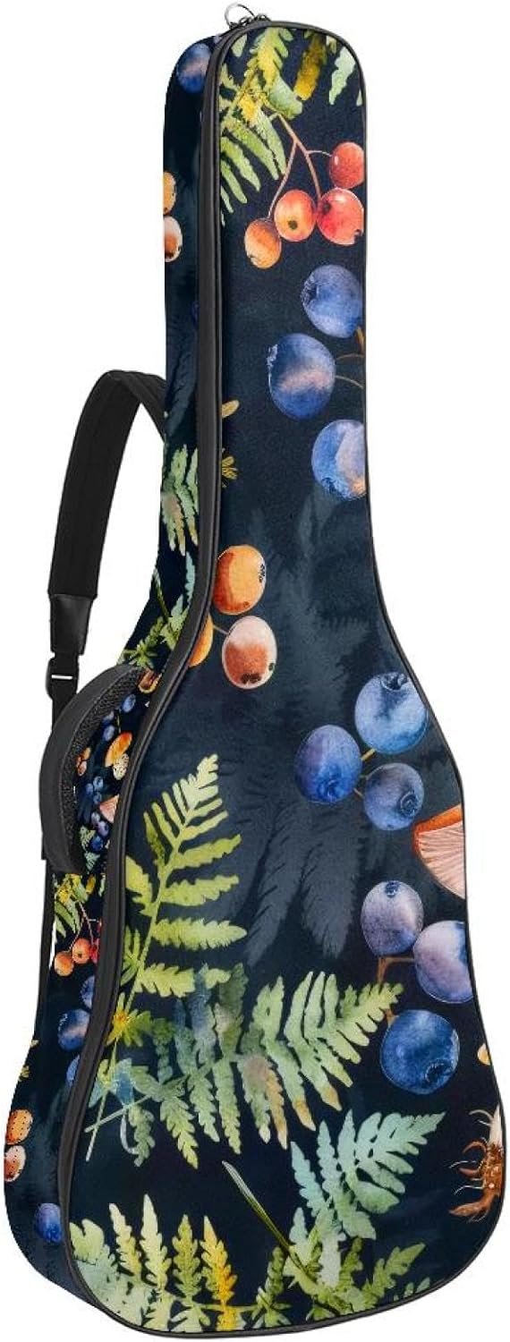 40 41 42 Inch Acoustic Guitar Bag, 0.4 In Thick Sponge Padded Guitar Case Gig Bag with Back Hanger Loop and 2 Pockets, Mushrooms Fern and Berries