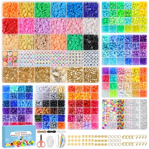 Redtwo Friendship Bracelet Making Kit, 7 Boxes 5000 Pcs Pony Beads and 5100 Pcs Clay Beads for Jewelry Making Kit, 144 Colors Kandi Bead Set with Letter Bead, Crafts Gifts for Teen Girls Ages 8-12