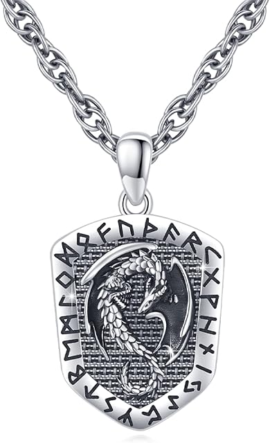 ViKing Necklace for Women and Men: Moonstone Pendant Necklace Dragon Wolf Vegvisir Talisman Pendant Necklace, Norse Mythology Viking Rune Amulet Protection 925 Sterling Sliver Jewellery Gift 18/20inch