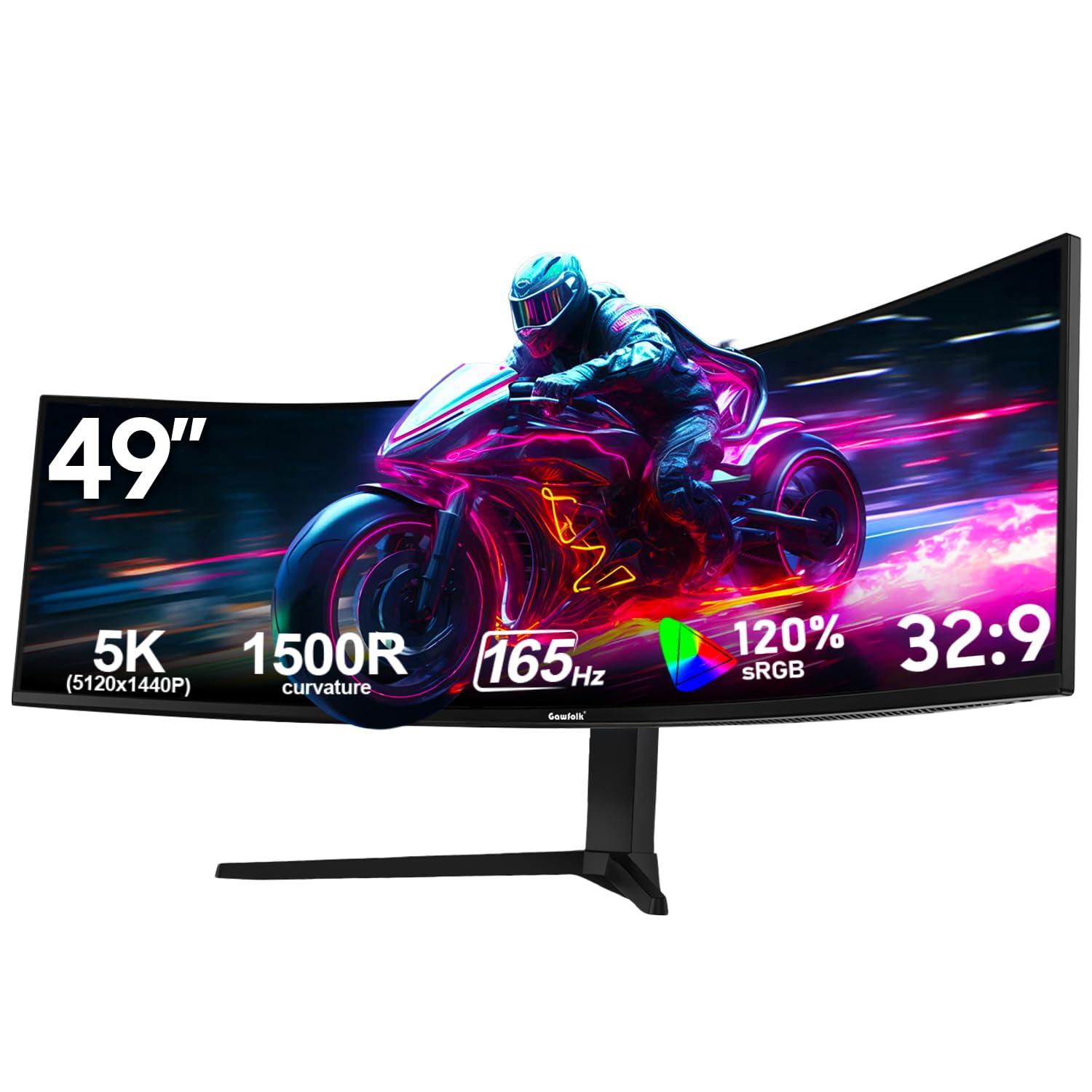Gawfolk 49 Zoll Curved Gaming Monitor 165Hz, 1500R Gebogen PC Bildschirm mit Lautsprecher, 5120x1440 DQHD Ultrawide 32:9 Computerbildschirm, Pip/PBP, DP, HDMI, unterstützt VESA 100x 100mm