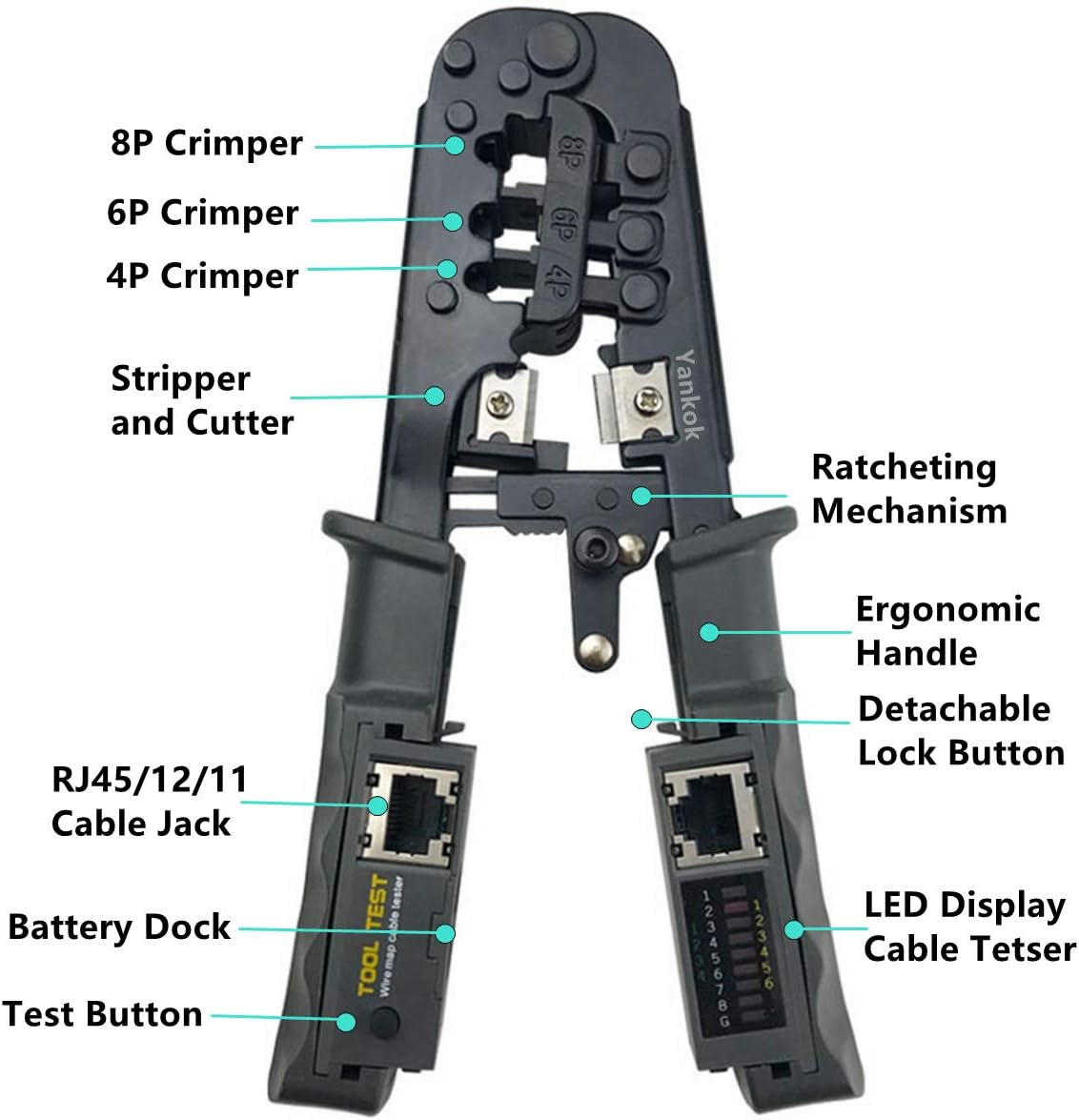 Yankok [468ST Modular Plug Crimper] Crimps RJ45 8P8C RJ12 RJ11 6P6C/4C/2C, RJ10 and RJ9 4P4C/2C Connectors, Strip Cut and Test Ethernet Cables w/Cable Tester