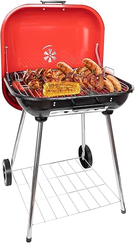 Miniatura 1 de Parrilla de carbón portátil de 22 pulgadas, parrilla de carbón rojo con rueda portátil y asa, adecuada para cocinar, acampar y picnic (rojo)