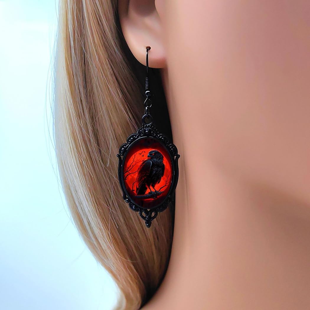 Gothic Crow Glass Dangle Drop Earrings for Women Vintage Halloween Crow Emboss Earrings Punk Halloween Earrings Vampire Earrings Mystic Witch Jewelry Gift Accessories - Image 2