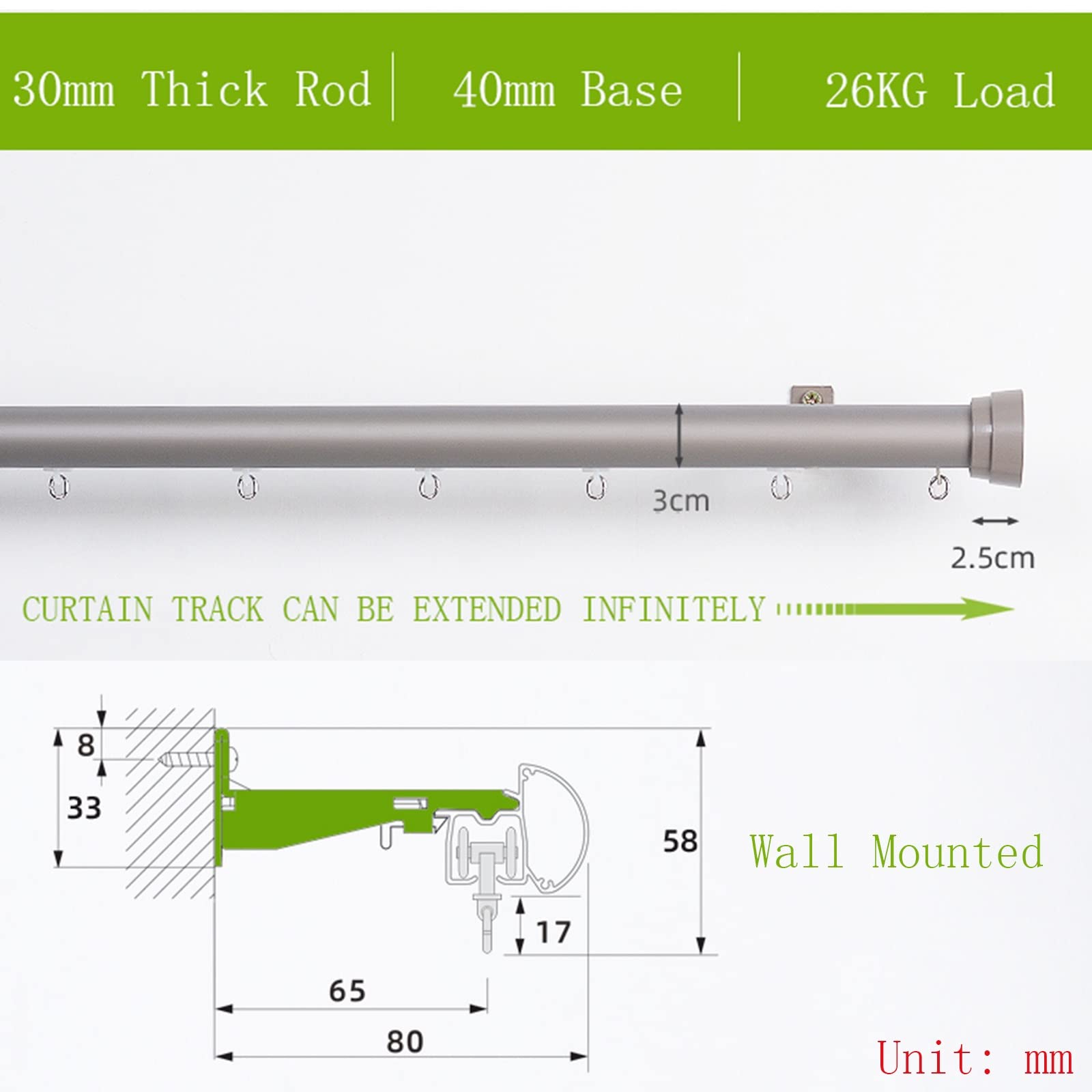 Tringles À Rideaux Robustes (1-6 M), Rail De Rideau Montage Mural Pour Chambre À Coucher, Salon, Terrasse, Cuisine, Rail Pour Rideaux Facile À Installer(Gray,1.6m(2 * 80cm))