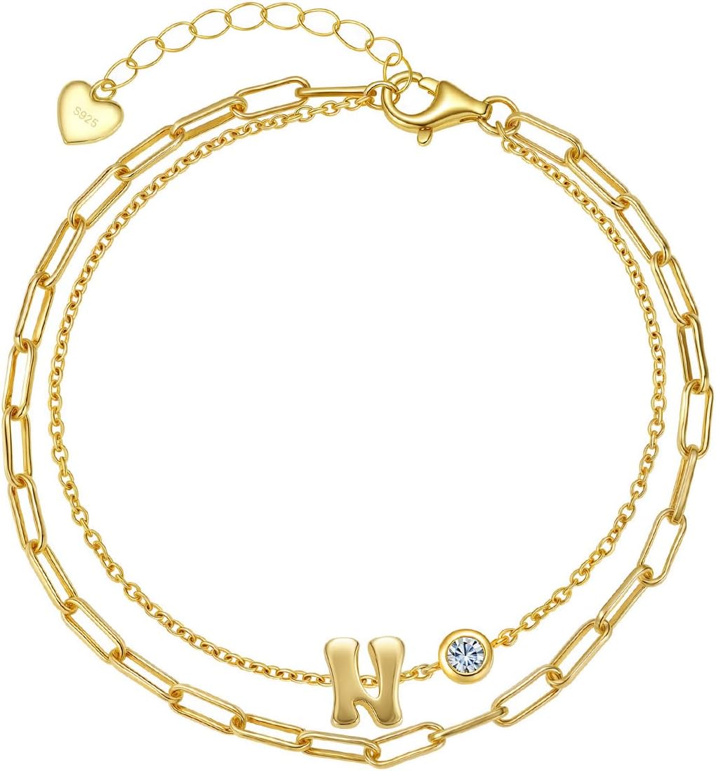Initial Bracelet for Women, 925 Sterling Silver 14K Gold Plated Dainty Layered Stackable Paperclip Letter Bracelets, Trendy Jewelry Mother's Day Birthday Gifts for Wife Mom Girlfriend Sister Daughter