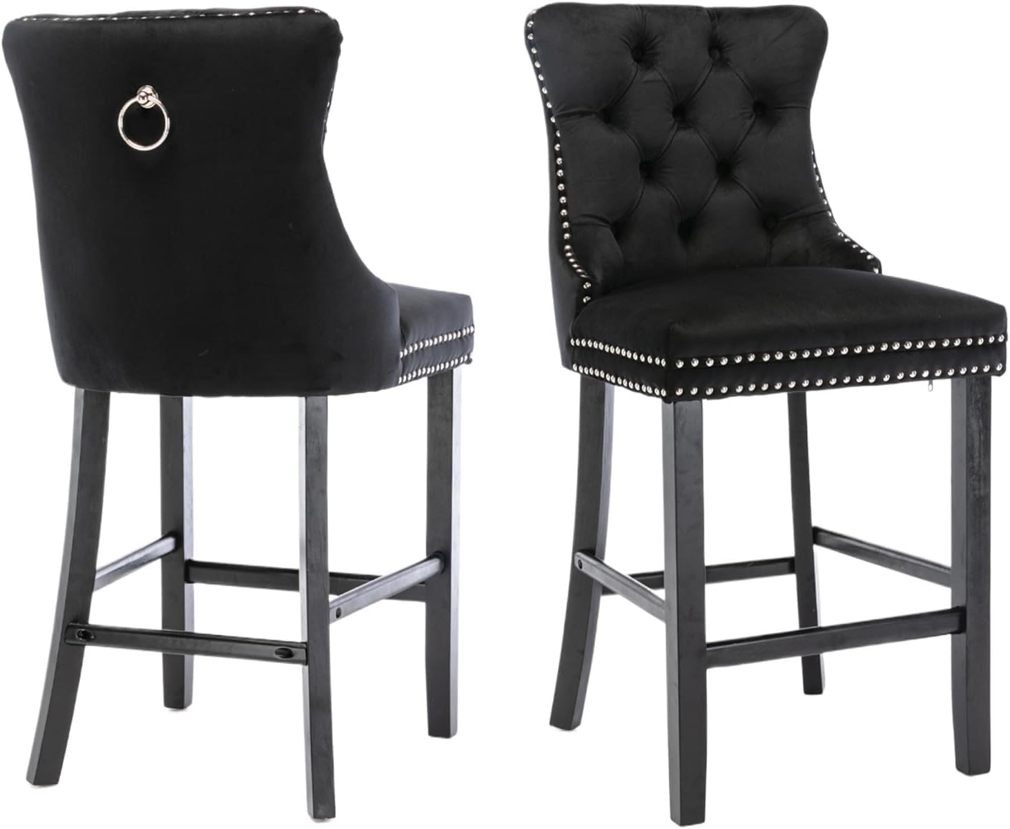 SoarTalent Velvet Upholstered Bar Stools Set of 2 with Back and Wood Legs, Metal Pulling Ring, Armless Counter Height Barstools for Kitchen Island,