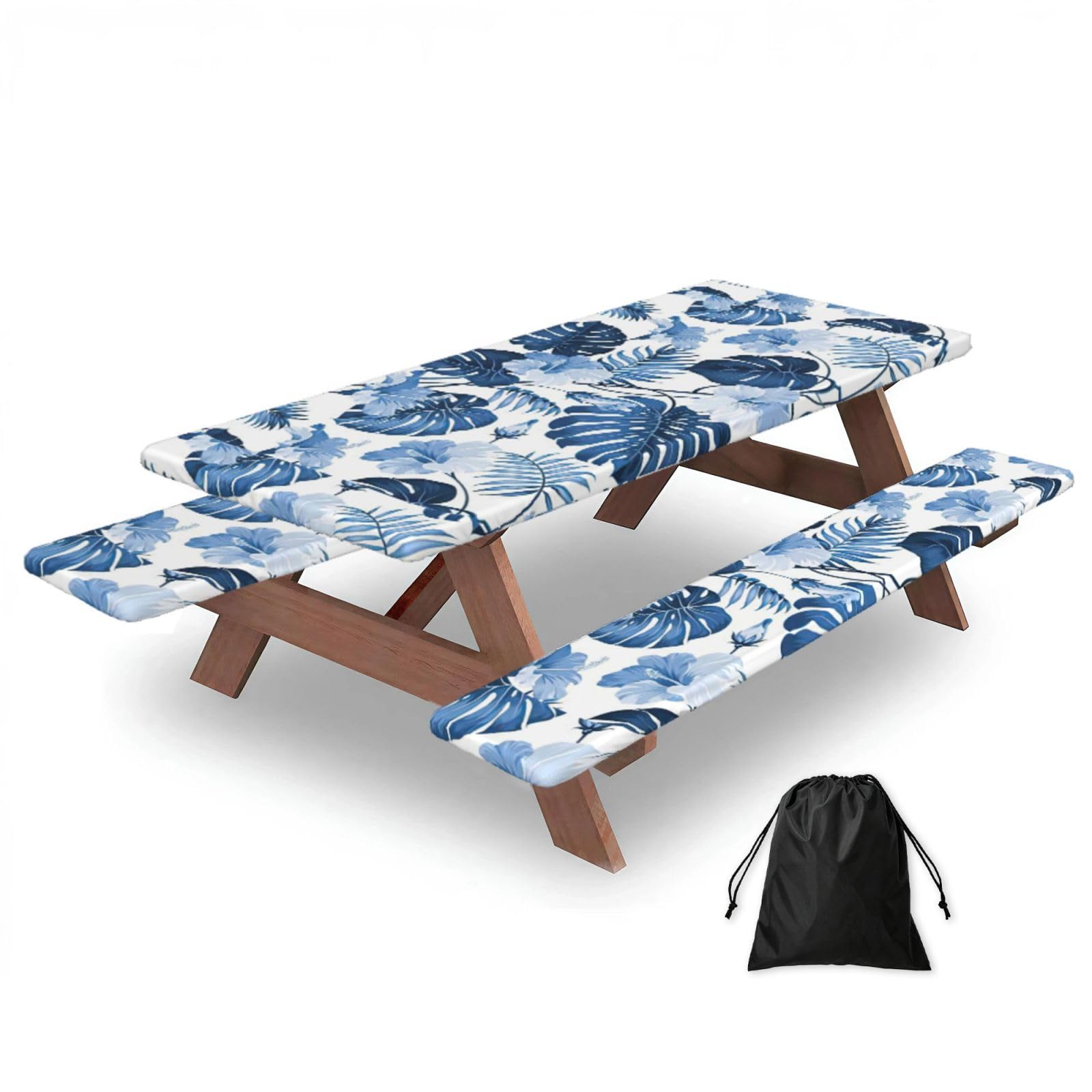 Yqxwjl Black Blue Flower Tropical Print Camping Essentials Waterproof Camping Table And Bench Cover With Drawstring Bag 183 Cm