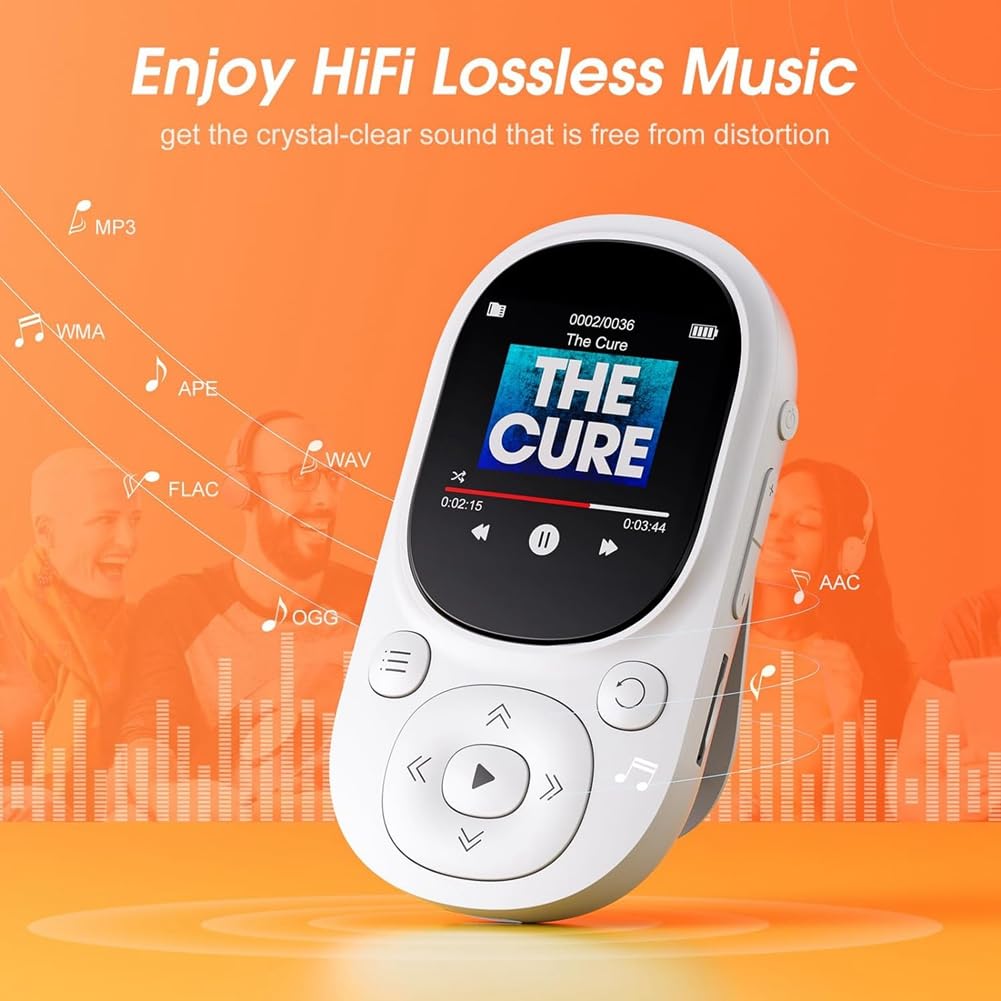 CONFUSE Lettore MP3 con Clip da 32 GB Lettore Musicale Portatile Lettore MP3 MP4 Bluetooth con Contapassi con Registrazione Radio FM per Bambini Facile Installazione