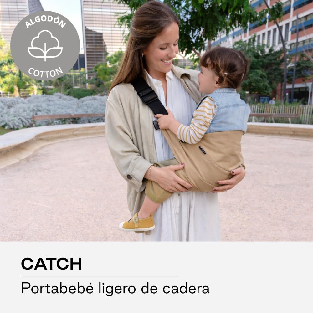 Jané Catch, nosidełko dziecięce z boku, torba do noszenia dla dzieci w wieku od 9 do 48 miesięcy, 100% bawełna, ochrona ramion, regulowana, ergonomiczna, antypoślizgowa, brązowa