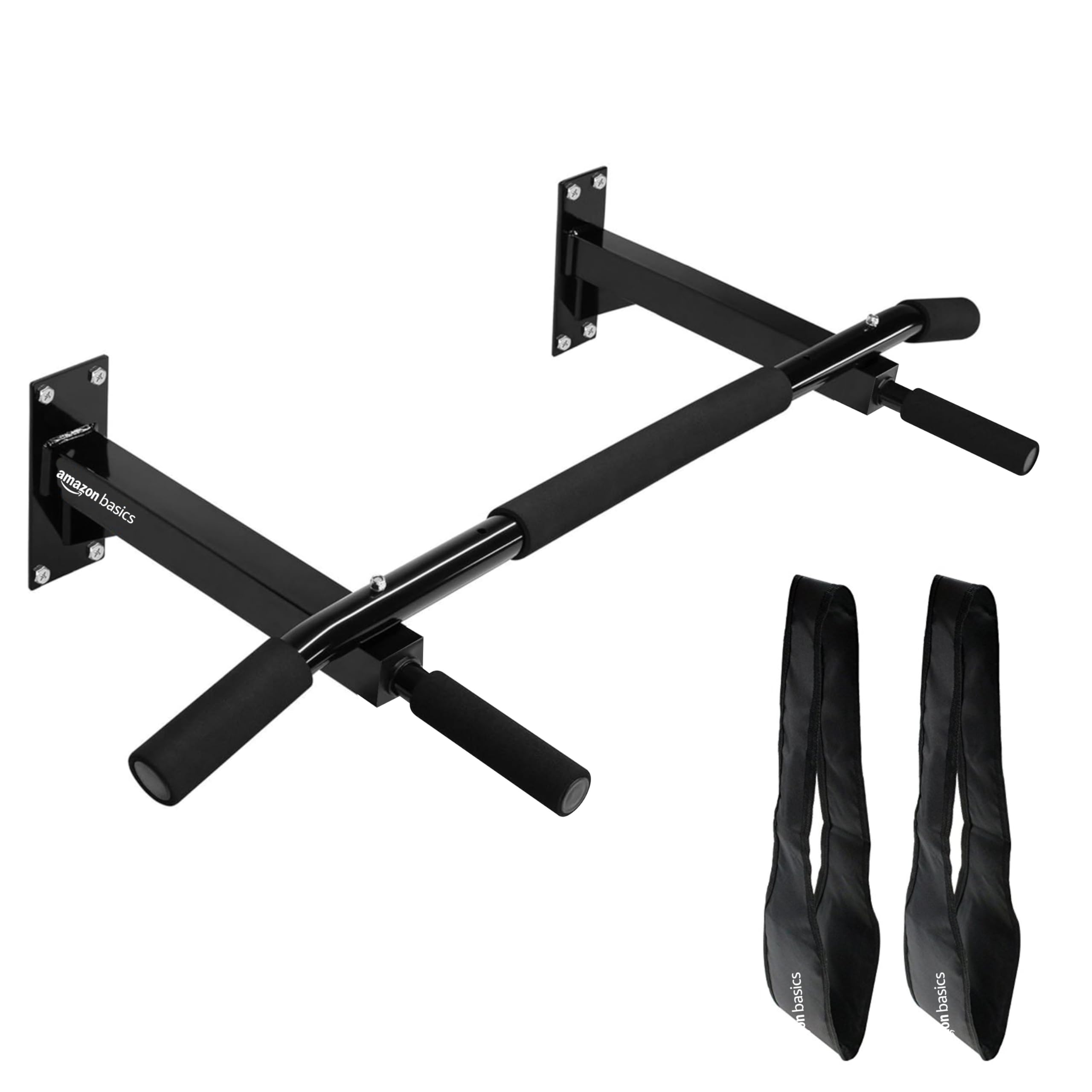 Sponsored Ad - AmazonBasics Wall Mounted Pull Up Bar with AB Straps for Chin-ups and Exercise