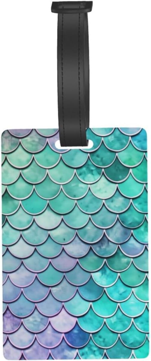 Mermaid Fish Scales PVC Luggage Tag with Secure Strap,Travel Baggage Identifiers Name Label for Men Women Suitcases