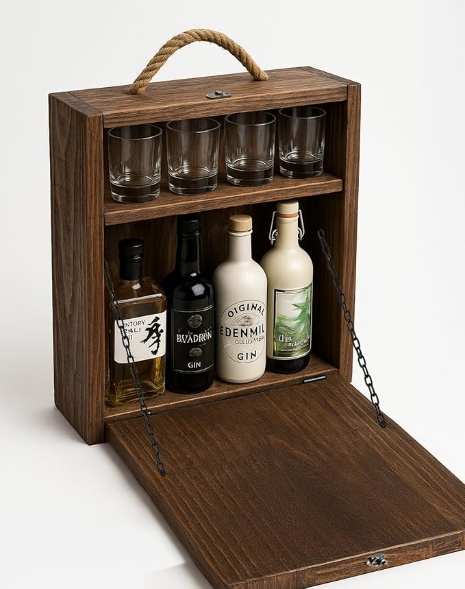 ZILLOW Art Rustic Wooden Portable Bar Cabinet with Rope Handle, Foldable Door, 4 Whiskey Glasses, Liquor Storage, Dark Brown-image-11