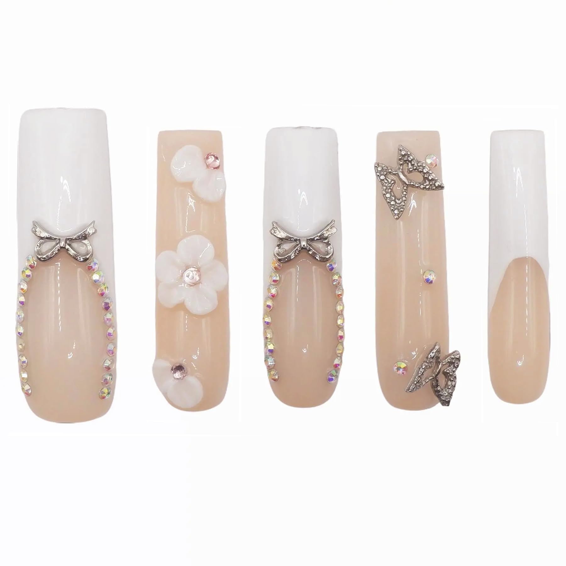 SLANGO Hand Made Long Press on Nails French Tips 1.7" Pink Acrylic False Nails Set with Flower Charms, B211, S