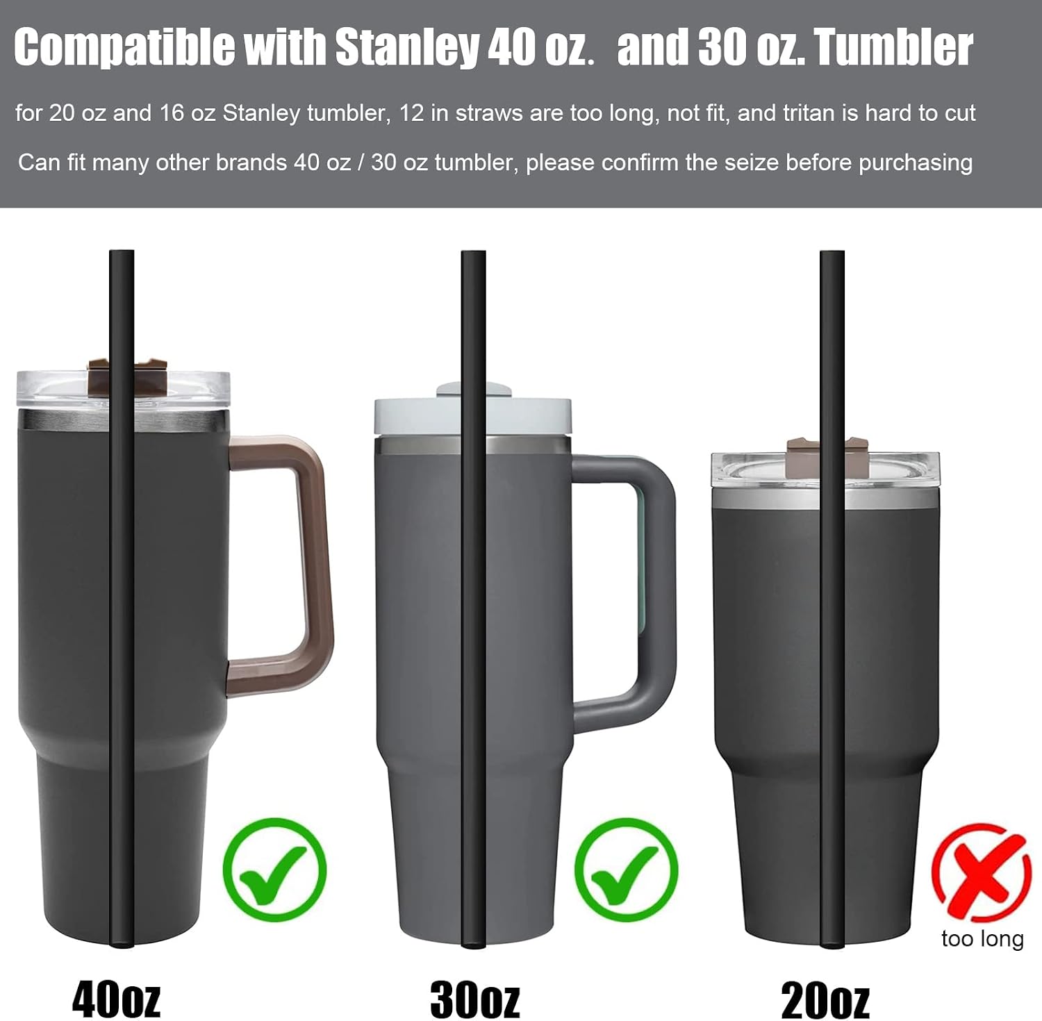 ALINK 10 Pack Replacement Straws for Stanley 40 oz 30 oz Tumbler, 12 in Long Reusable Plastic Black Straws for Stanley Cup Accessories, Half Gallon Jug, Plus 2 Cleaning Brush