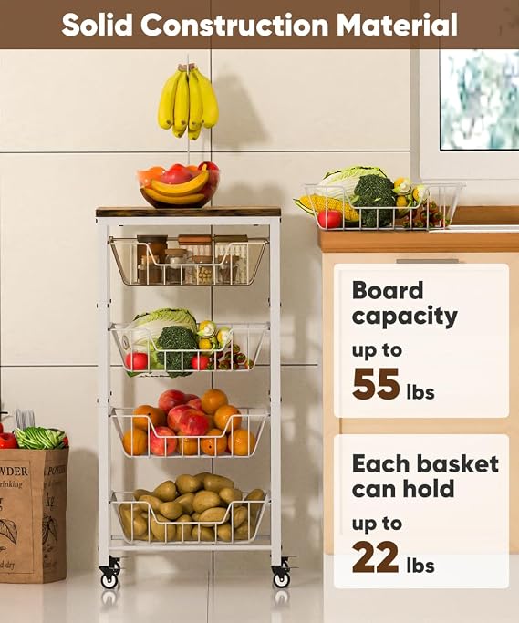 Kitchen Storage Rack White & Fruit Storage Cart White