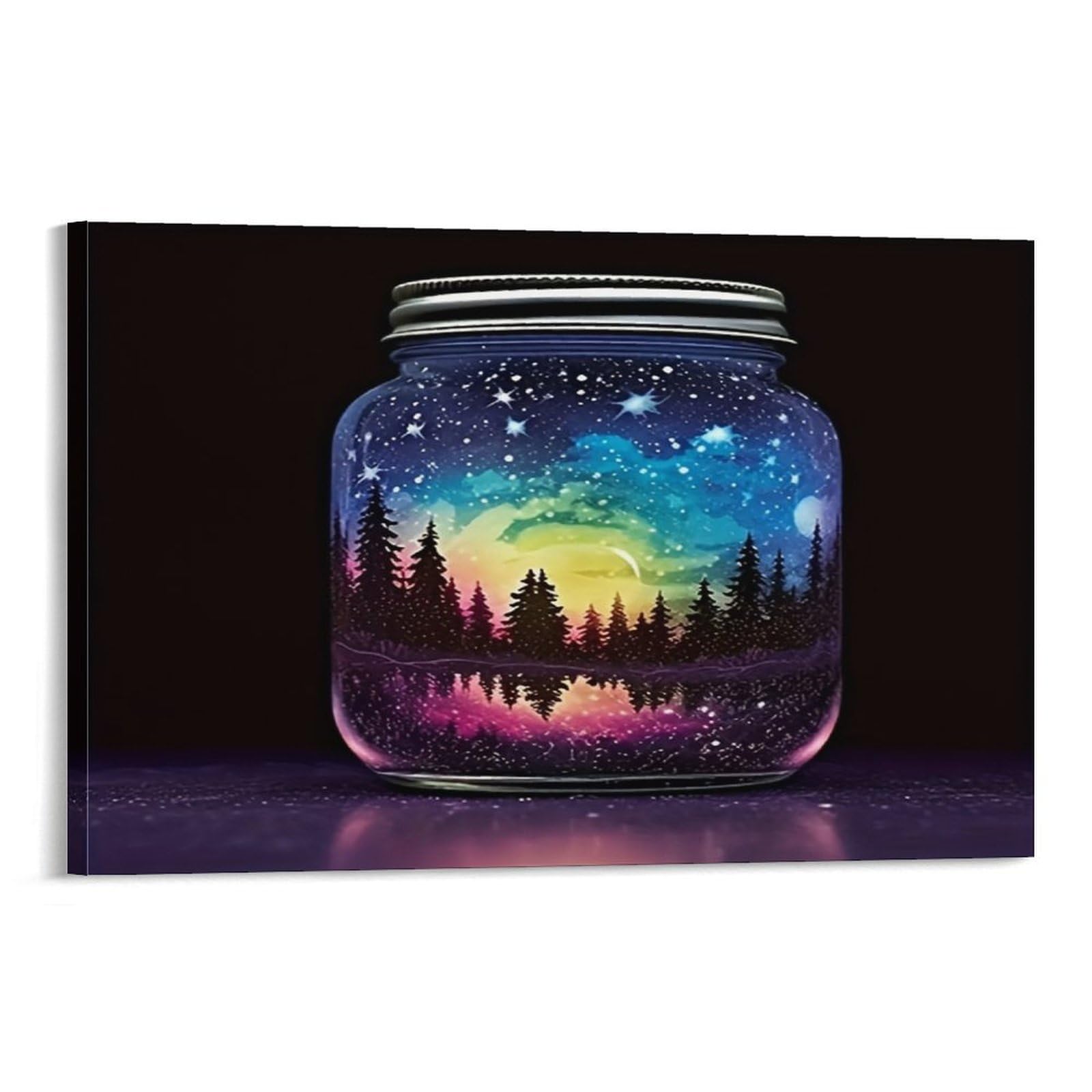 CPLVKWRQJ Starry Night Jar Single Piece Glass Jar Holds Glowing Forest Aurora Scene Canvas Wall Hanging - Kitchen Removable Wall Art Focal Point Ready to Hang 16x24inch(40x60cm)