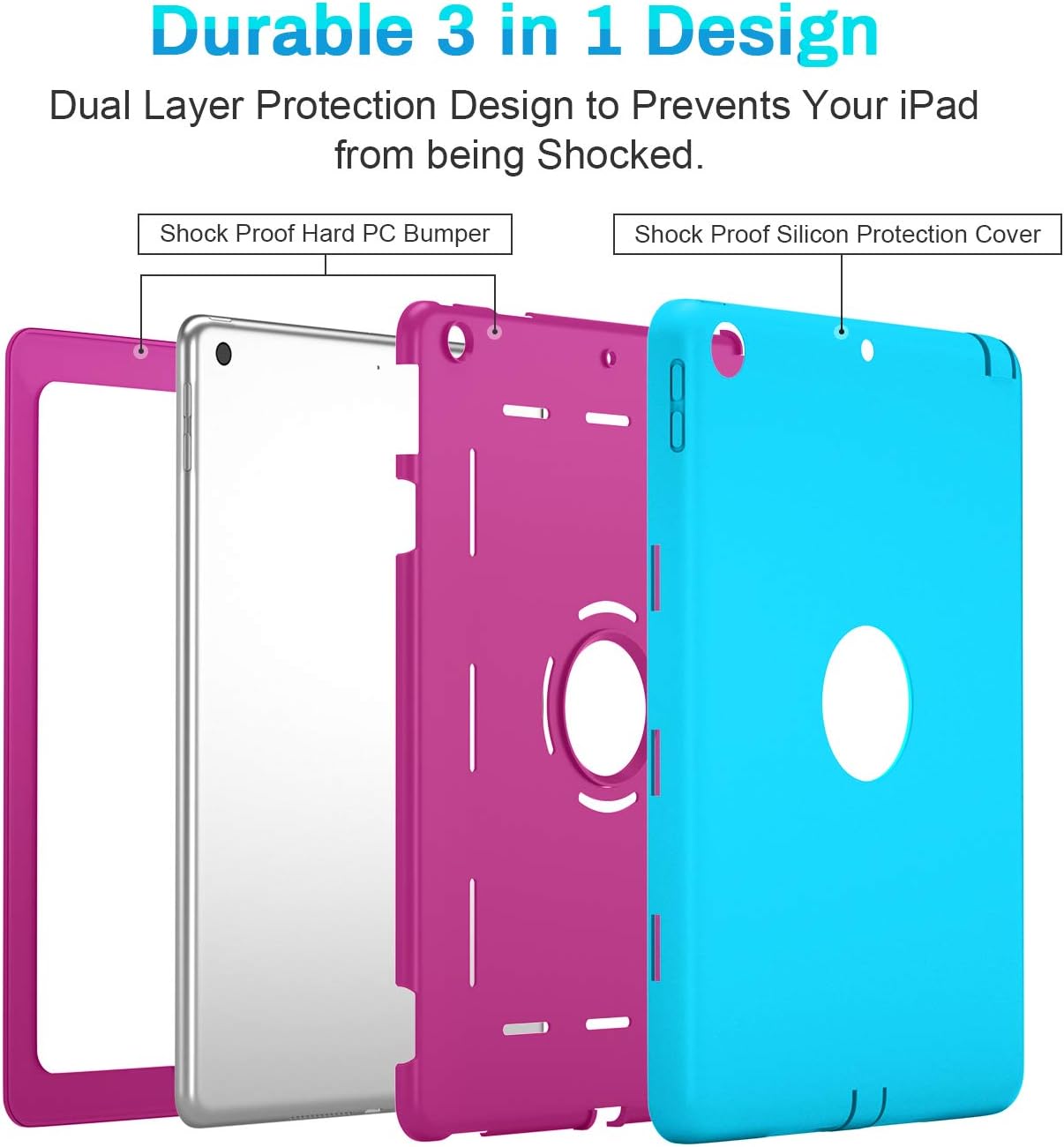 iPad 8th Generation Case, iPad 10.2 Case, iPad 7th Generation Case, 2019 & 2020 Model - High-Impact Shock Absorbent Dual Layer Silicone and Hard PC Bumper Protective Case (Turquoise/Hot Pink)