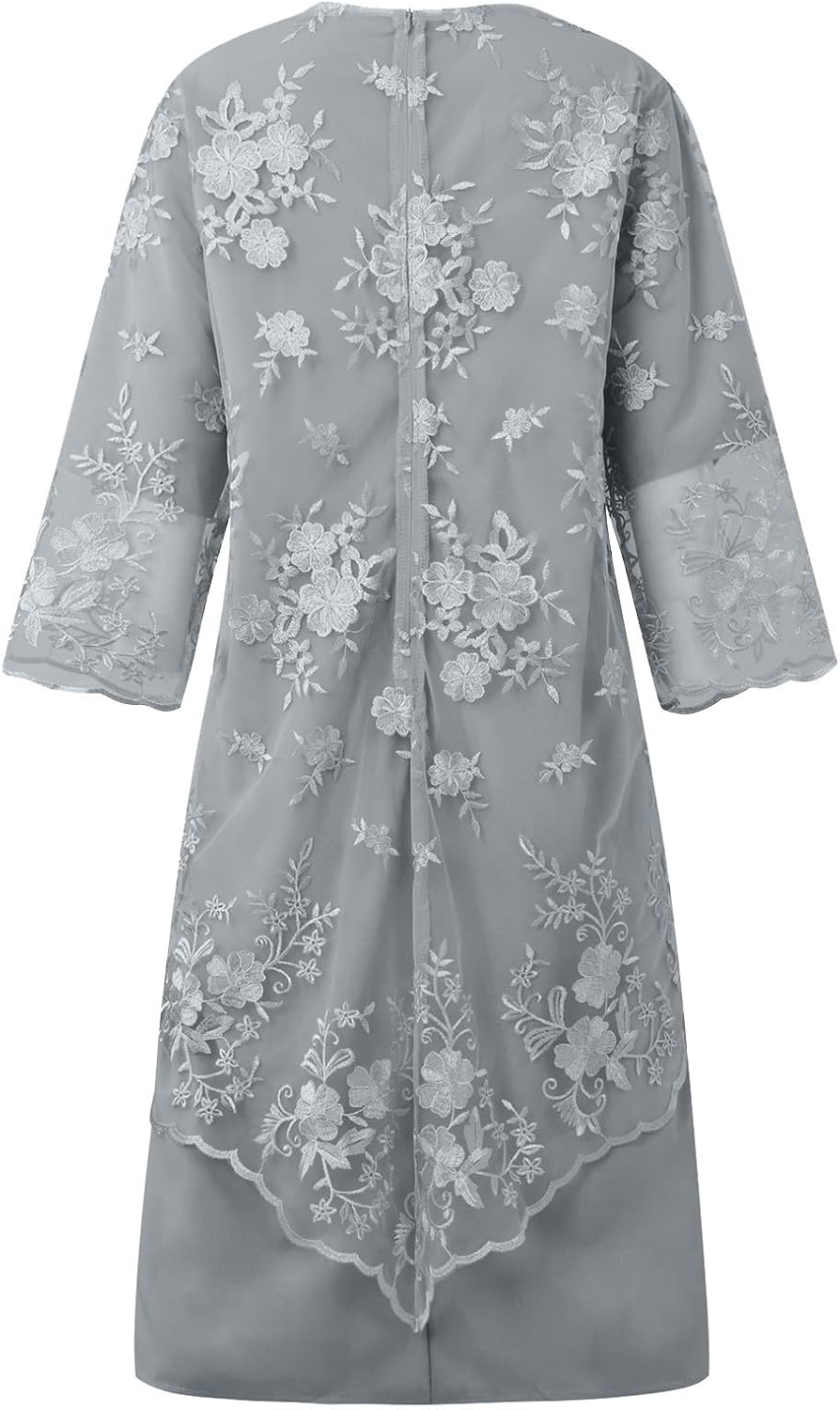 Women's 2 Piece Floral Lace Dress Set, 3/4 Sleeve Overlay Top & Short Sleeve Knee Length Pencil Dress for Formal Events - Image 2