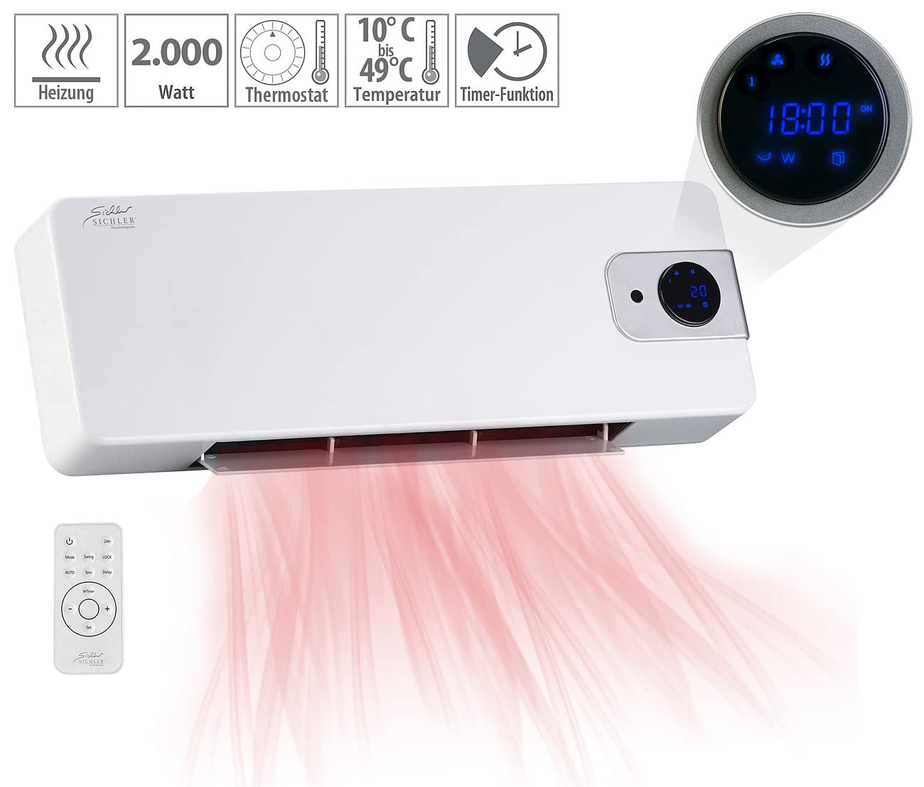 Sichler Haushaltsgeräte Keramik Wandheizung: Keramik Wandheizlüfter mit digitalem Thermostat, Oszillation, 2.000 W (Heizung, Wandlüfter, Wand)