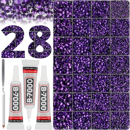 36000Pcs Purple Rhinestones for Bedazzling Mixed Sizes 2-6MM Flatback Gems Bedazzled Kit with B7000 Glue Flat Back Resin Crystal Diamond Jewel Gemstone Rhine Stone for Clothes Crafts