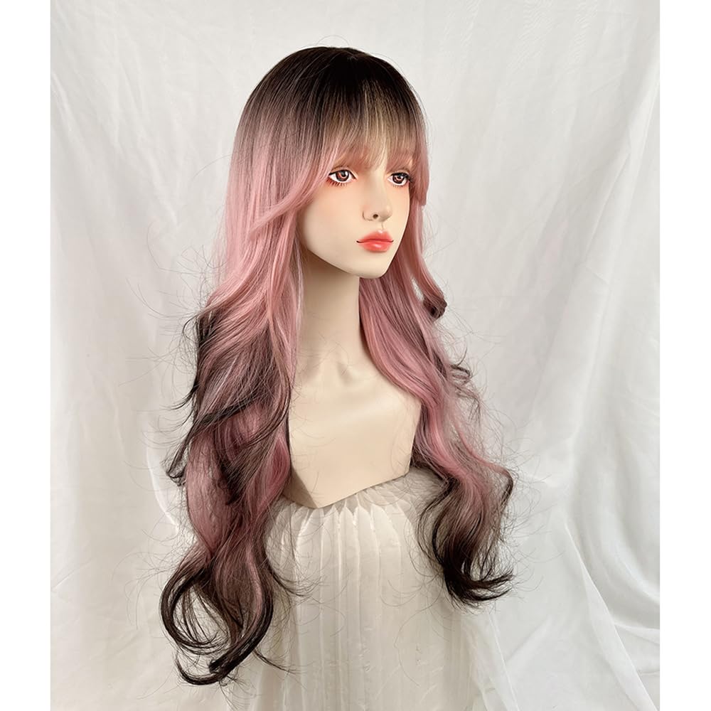 Women Wig Long Curly Wig Lolita Wig Sweet Princess Wigs Heat Resistant Natural Looking Wigs (Black Mix Pink)