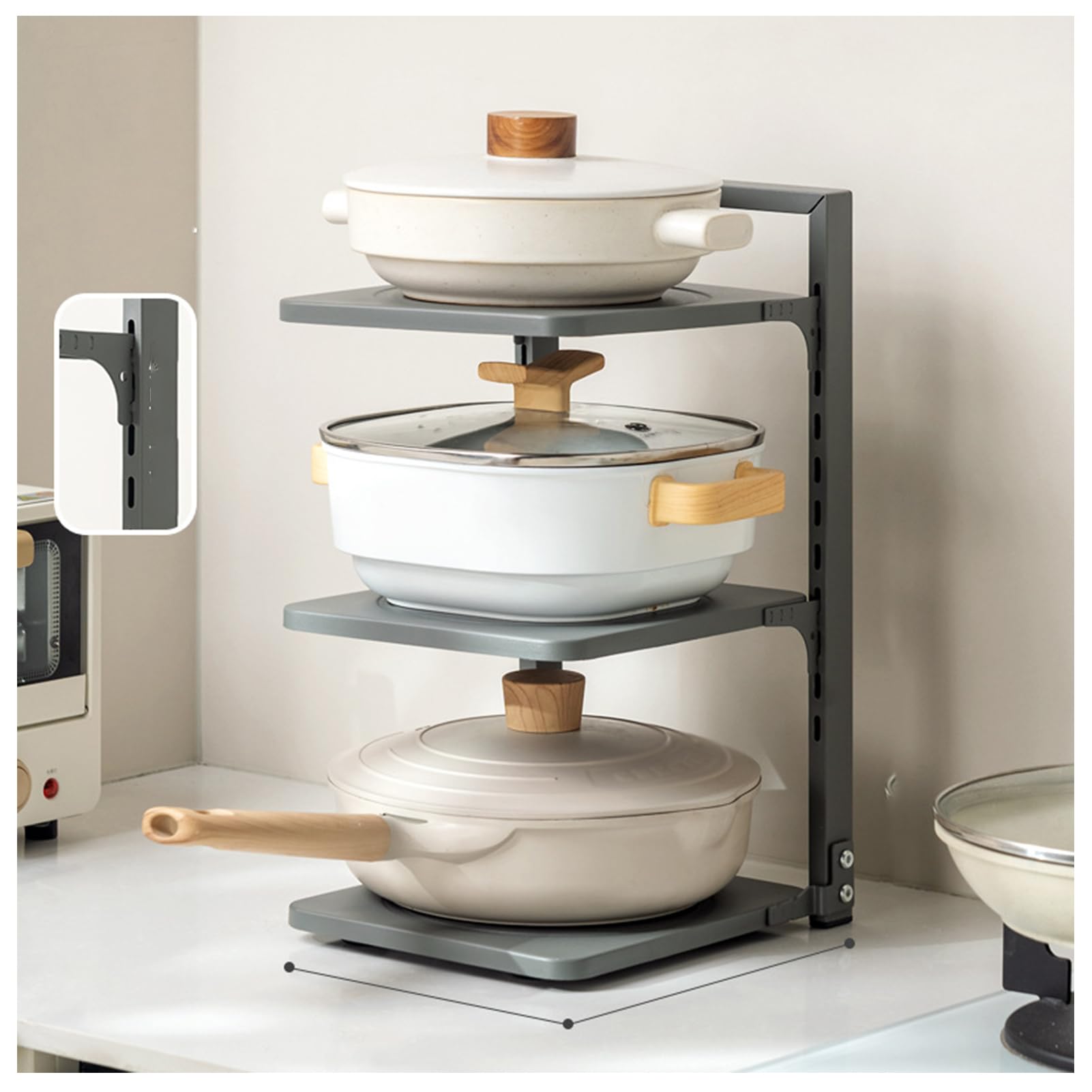 Estante ajustable para ollas y sartenes con separadores antideslizantes, soporte desmontable para tapa de ollas para almacenamiento de armario de cocina, solución de ahorro de espacio