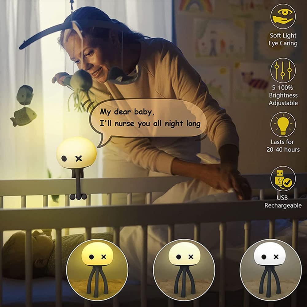MAGICKK Luz nocturna para niños, bonita luz nocturna de medusas para bebé, lámpara de noche de silicona recargable regulable con trípode flexible para lactancia, cuidado suave de los ojos, control de