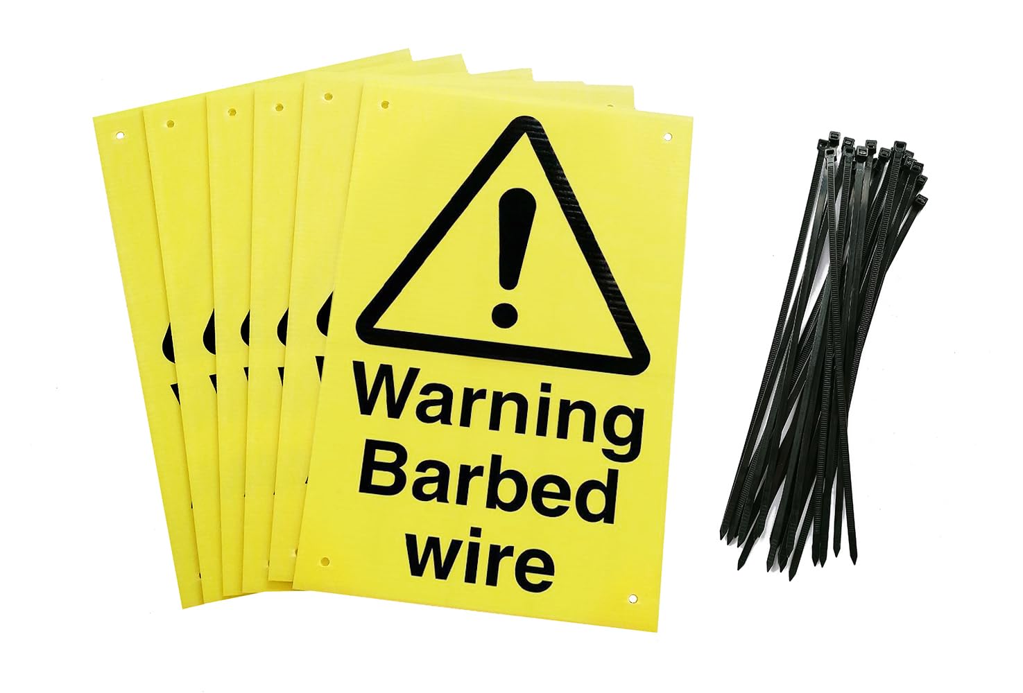 Warning Barbed Wire signs, Pack of 6, Yellow Fluted Plastic (Corex), 20 x 30 cm, with 24 Cable Ties