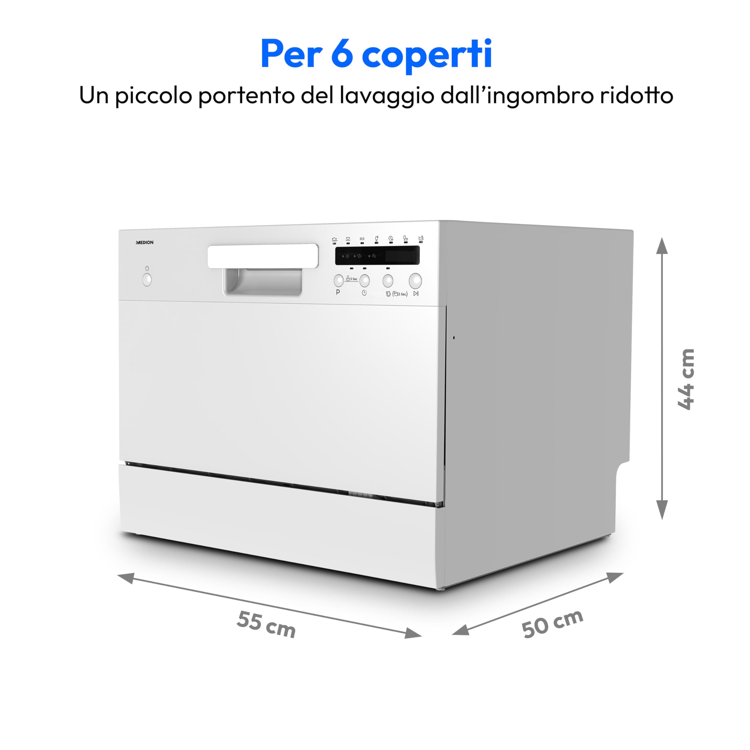 MEDION Lavastoviglie da tavolo DWT60 (capacità 6 coperti, 7 programmi, programma ECO, consumo circa 6,5 litri, AquaStop, display LED, blocco bambini, MD37496) argento