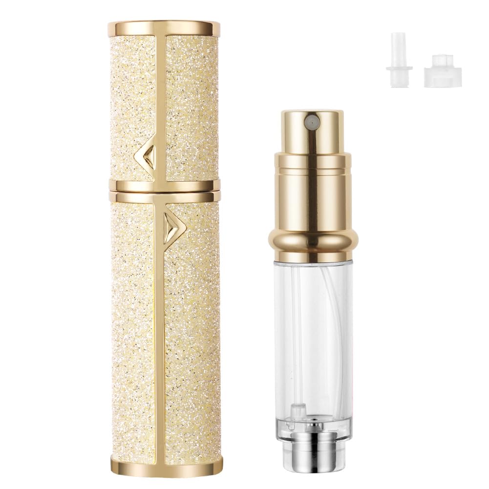 LOPHE Butelka podróżna, 5 ml, luksusowa, wielokrotnego napełniania, błyszcząca butelka z rozpylaczem do perfum, łatwy do napełniania, atomizer perfum dla kobiet, mężczyzn (złota)
