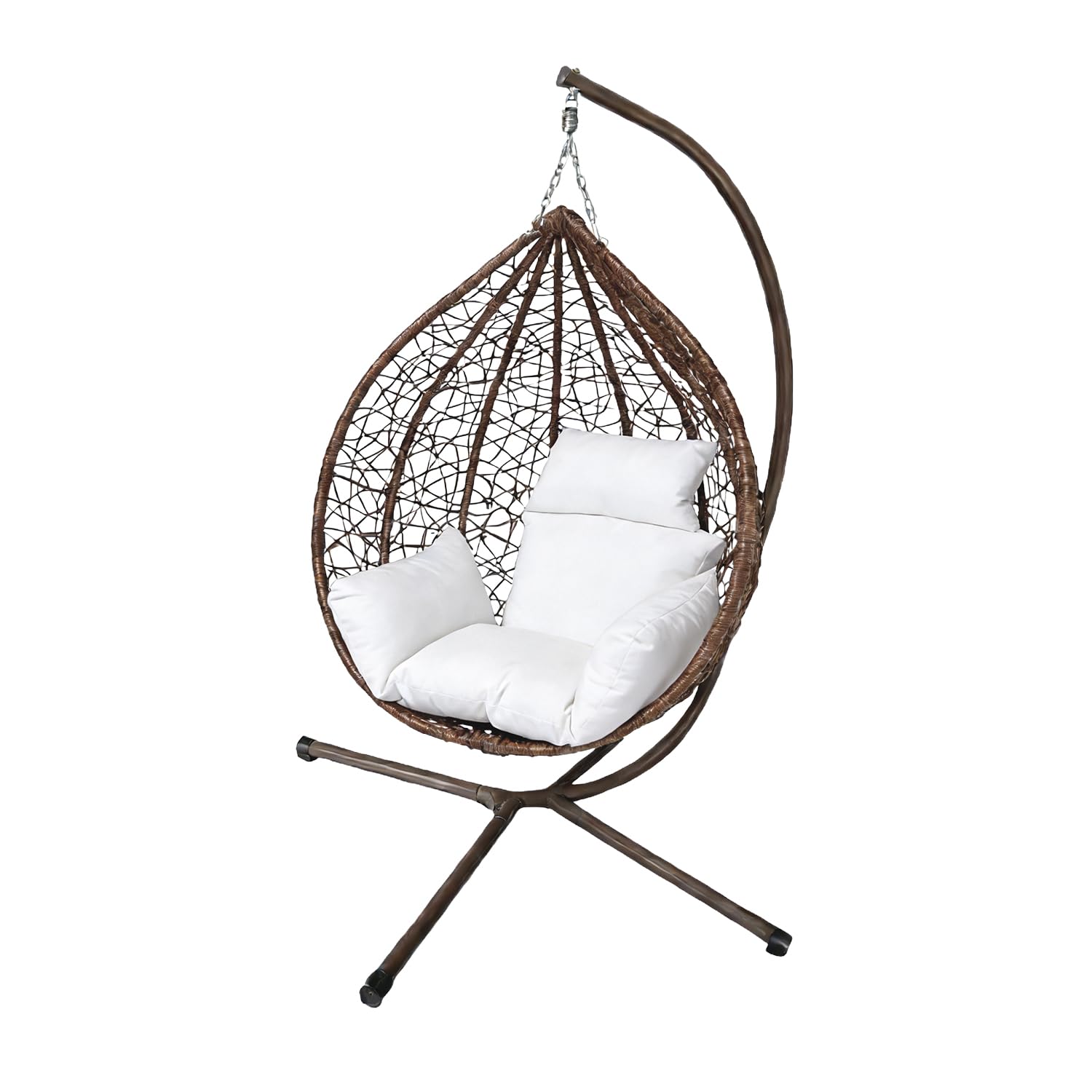 150kg Egg Swing Chair, Foldable Design with 6 Cushion Color Combinations, PE Wicker & Anti-Rust Steel Frame, 115x65x105cm Size, Easy Assembly for Patio/Bedroom Use (Brown seat + white cushion)