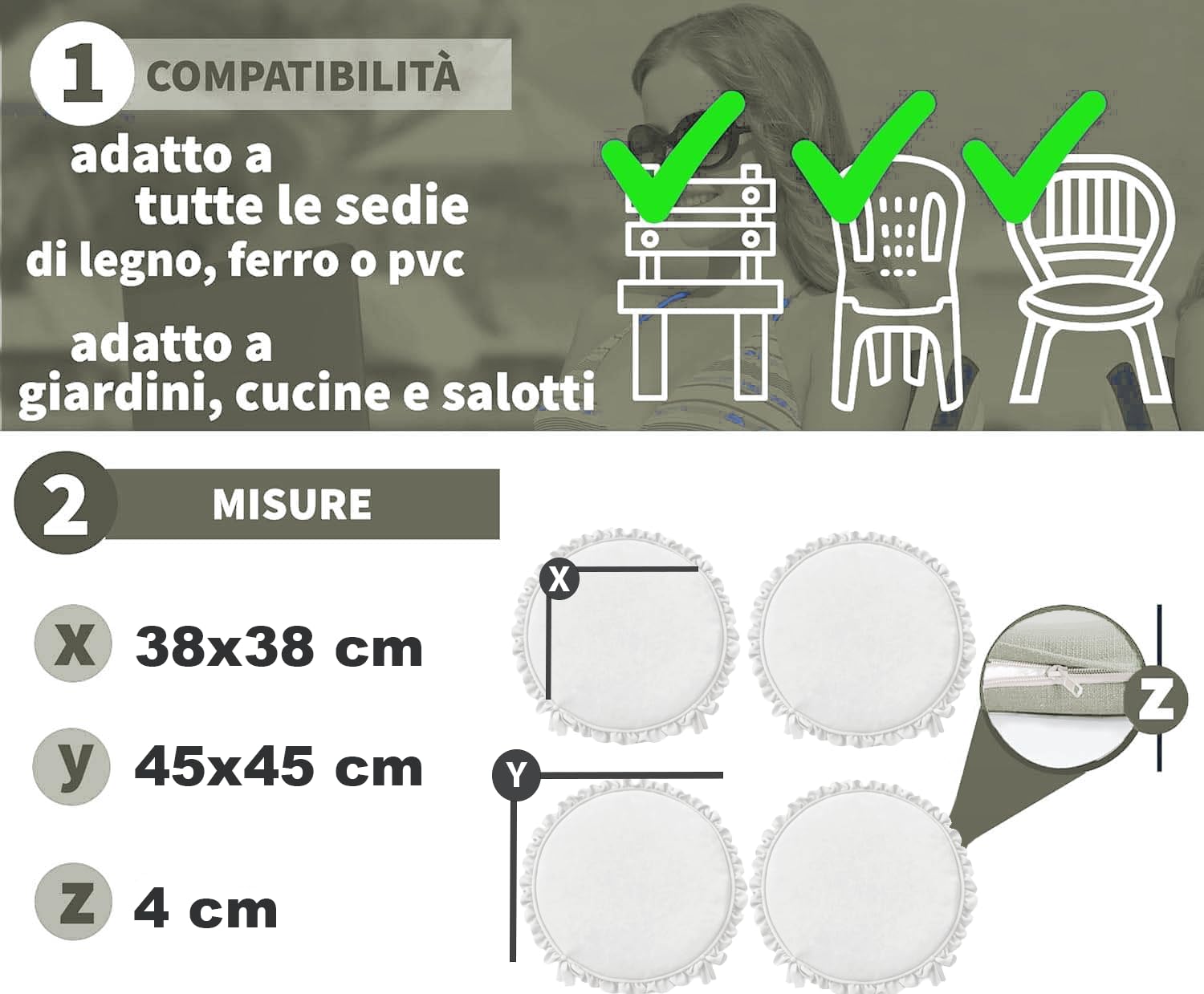 HAND Set 4 Cuscini Rotondi per Sedie con Lacci Antiscivolo, Sfoderabili, Imbottitura Inclusa, Dimensioni con bordi 45x45 cm, Adatto per Cucina, Interni ed Esterno, Cuscini O Made in Italy (Ecrù)