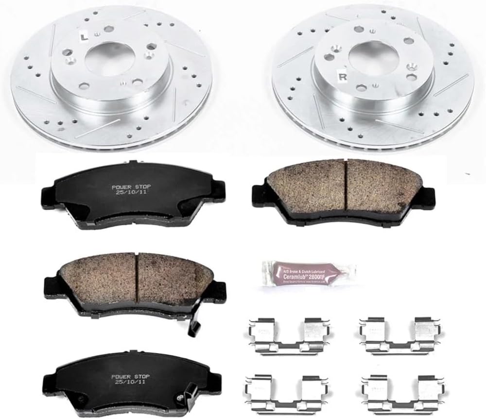 PowerStop Front Brake Kit For Acura ILX 2013-15 | Honda Civic 2012-15 - Drilled and Slotted Disc Rotors with Ceramic Brake Pads Replacement, K6317