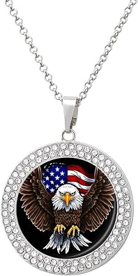 USA Flag Patriotic Eagle Pendant Necklace for Women Men Diamond Circle Necklaces with 20 Inch Chain, Zinc Diamond Jewelry for Birthday Christmas Valentines Day Gift