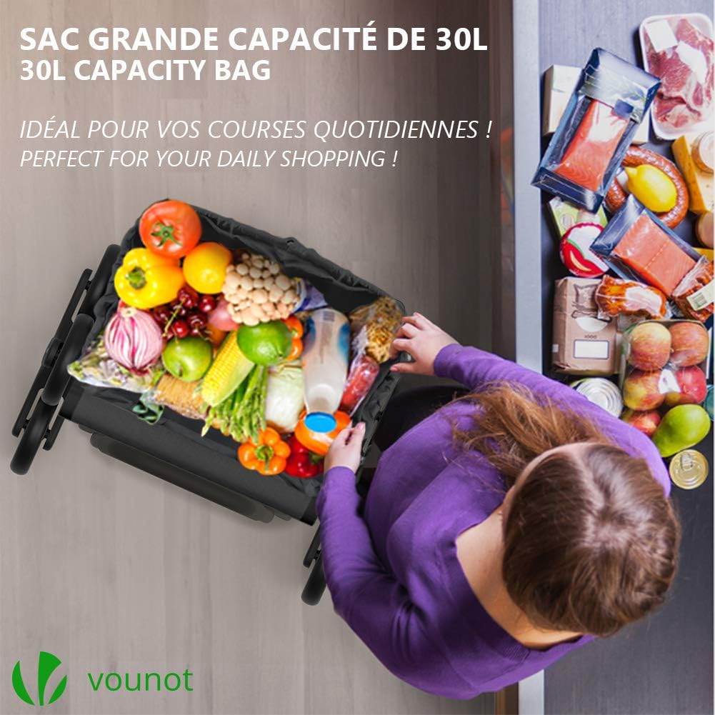 Overhead view of the VOUNOT shopping trolley's 30L capacity bag filled with various groceries, demonstrating its spacious interior.
