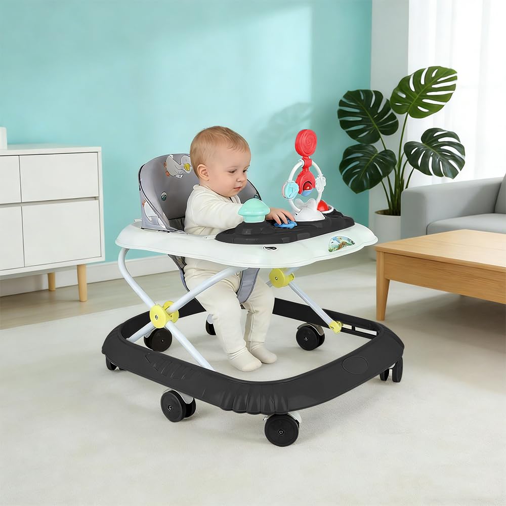 Girello 4 in 1, girello pieghevole per bambini con vassoio di gioco interattivo con suoni, base anti-ribaltamento, deambulatore ruote in silicone e 4 posizioni di altezza, da 6 a 18 mesi (nero-67 x 72 - 5
