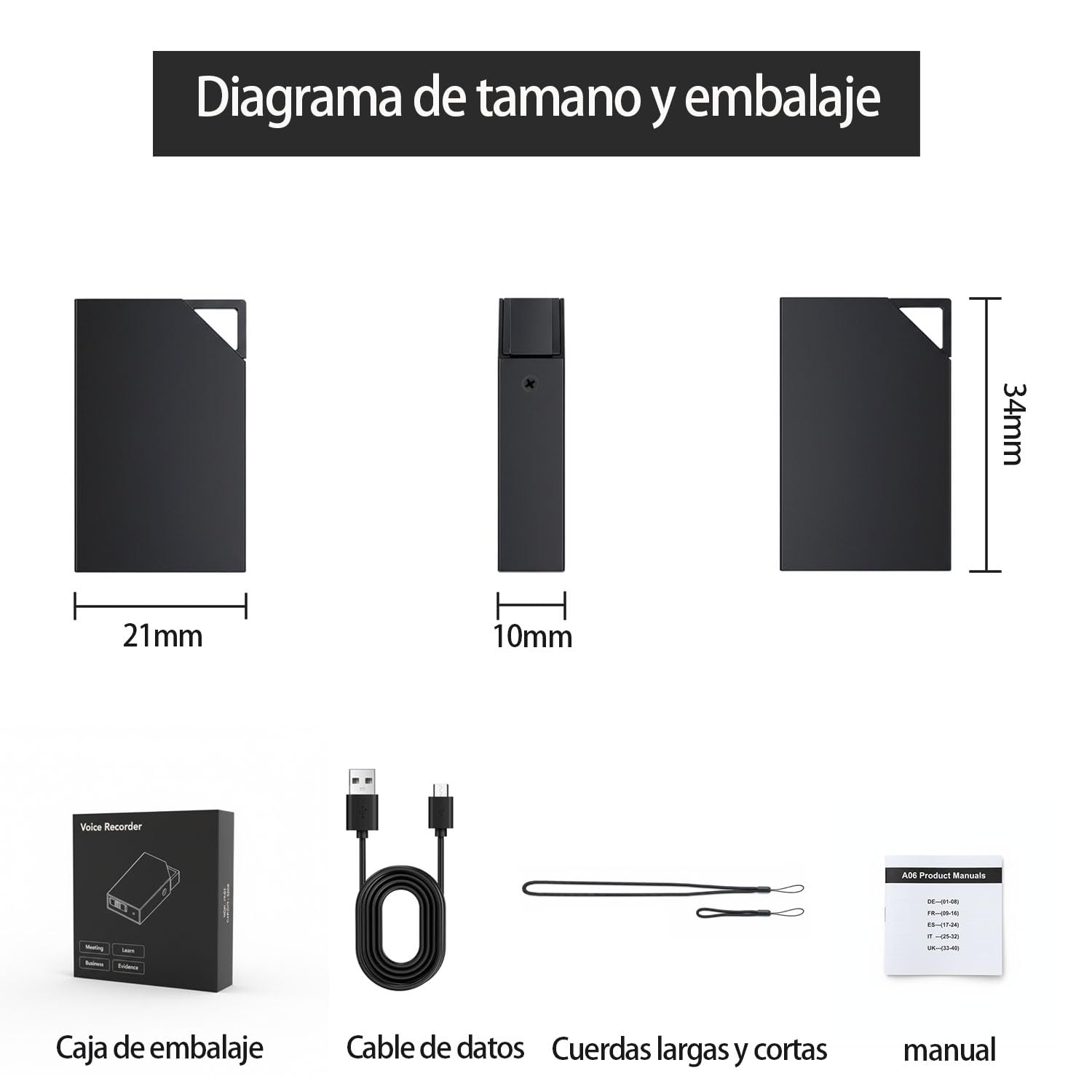 Grabadora de Voz Espía 64GB Mini Micrófono Espía | Recargable USB, Activación por Voz, Grabadora de Voz, Para Cursos y Reuniones, Oculta (3*2 0.6)