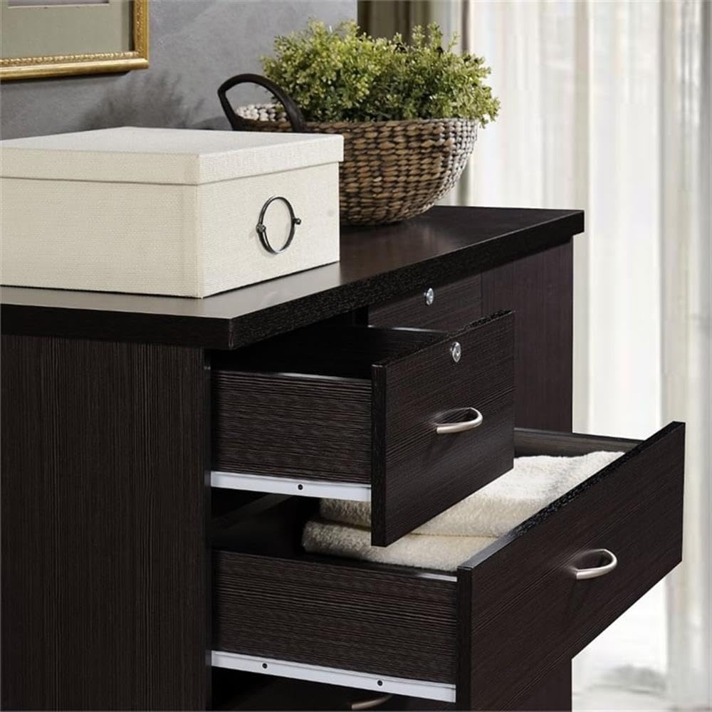 Pemberly Row Tall 7 Drawer Chest with 2 Locking Drawers and Garment Rod or Extra Storage in Chocolate Brown
