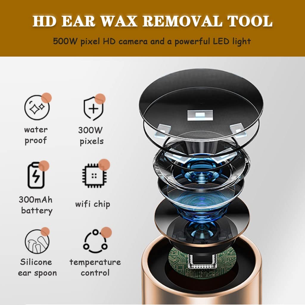 Otoscopio Para El Oido Limpiador De Oídos Con Cámara, Artefacto Para Apretar El Acné, Kit De Eliminación De Cera Del Oído Con Luz LED, Oído Scoop Para IOS Y Android(Black color)