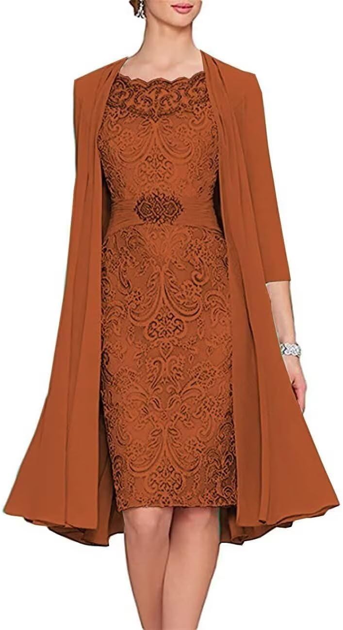 2 Pieces Tea Length Mother of The Bride Dresses with Jacket Lace Appliques Formal Evening Dress for Wedding