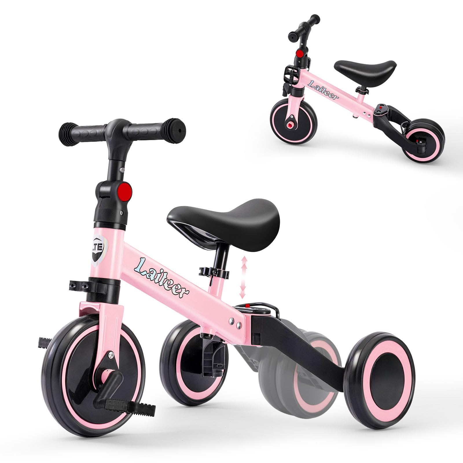 3-in-1 Adjustable Toddler Balance Bike &amp; Convertible Trike for Kids 2-5 Years, with Foldable Rear Wheels &amp; Removable Pedals, Pink