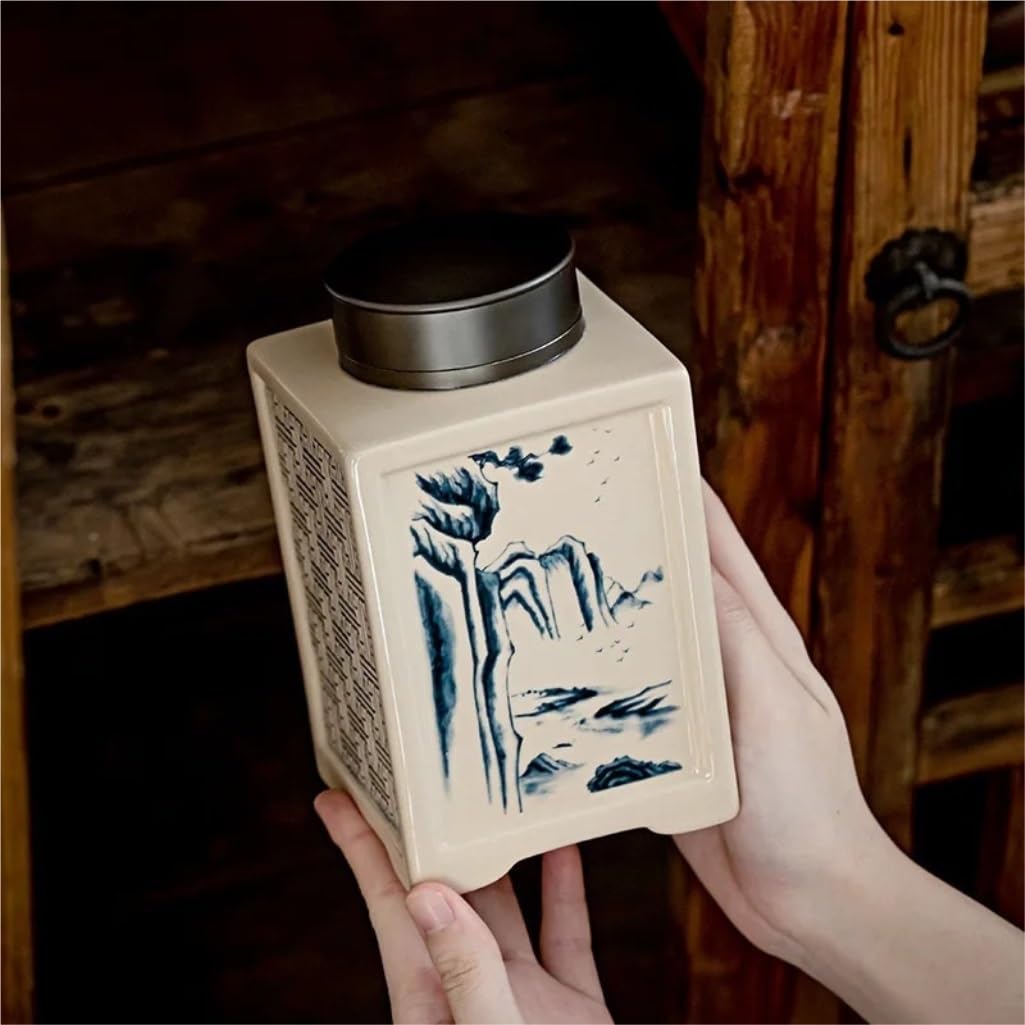 LYGSWDB Słoik cukru Retro Ręcznie malowany obraz pejzażowy Ceramiczny luzem słoik do przechowywania herbaty Domowy duży, szczelnie zamknię słoik Zestaw herbaty Pojemnik Pojemnik na herbatę (kolor: B,