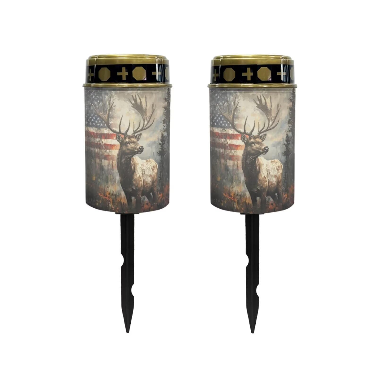 Poceacles Deer American Flag Forest Outdoor Lights Solar Powered Flameless Candle Cemetery Votive Candles Waterproof Outdoor Memorial Candle Solar Stake Lights Home Outdoor Decoration, 2 PCS