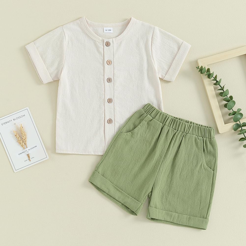 kacubwyy Toddler Boys Girls Clothes Button Down Short Sleeve Shirt Pocket Shorts Solid Cotton Line Summer Outfits (White & Green,18-24 Months)