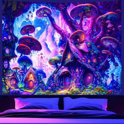 Atrippy Blacklight Mushroom Tapestry, UV Reactive Purple Trippy Black Light Tapestry for Bedroom Aesthetic, Fantasy Tree Decor Backdrop Wall Hanging for Living Room Dorm 51" X 60"