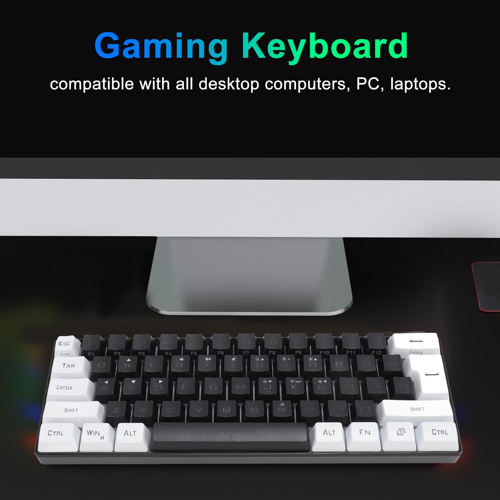 Mechaniczna klawiatura do gier, 61 klawiszy, 60% kompaktowa klawiatura do gier z 7-kolorowym podświetleniem RGB, przewodowa klawiatura USB do laptopa stacjonarnego i podróżna (czarno-biała)