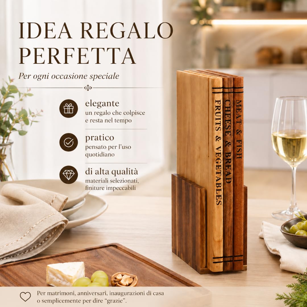 Set Taglieri da Cucina in Legno con Supporto – 3 Taglieri in Rovere, Acacia ed Ebano – Tagliere Legno Massello per Cucina con canalina – Senza Plastica, Design Salvaspazio in Stile Libreria