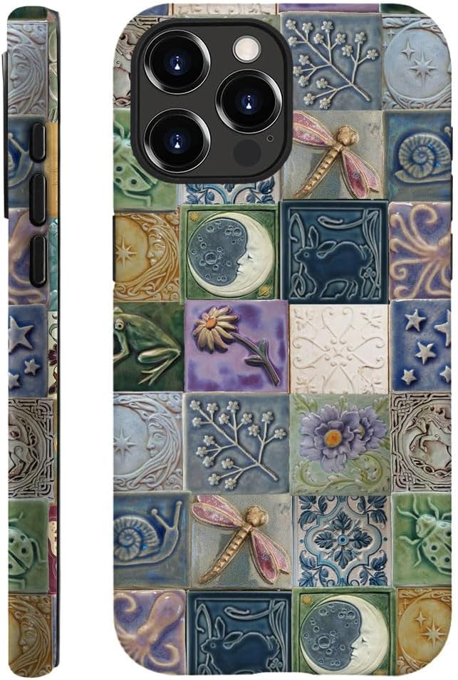 Compatible with iPhone 12 Pro Max,Durable & Shockproof Phone Case Cover Design - Tiles Pattern Moon Dragonfly Flower