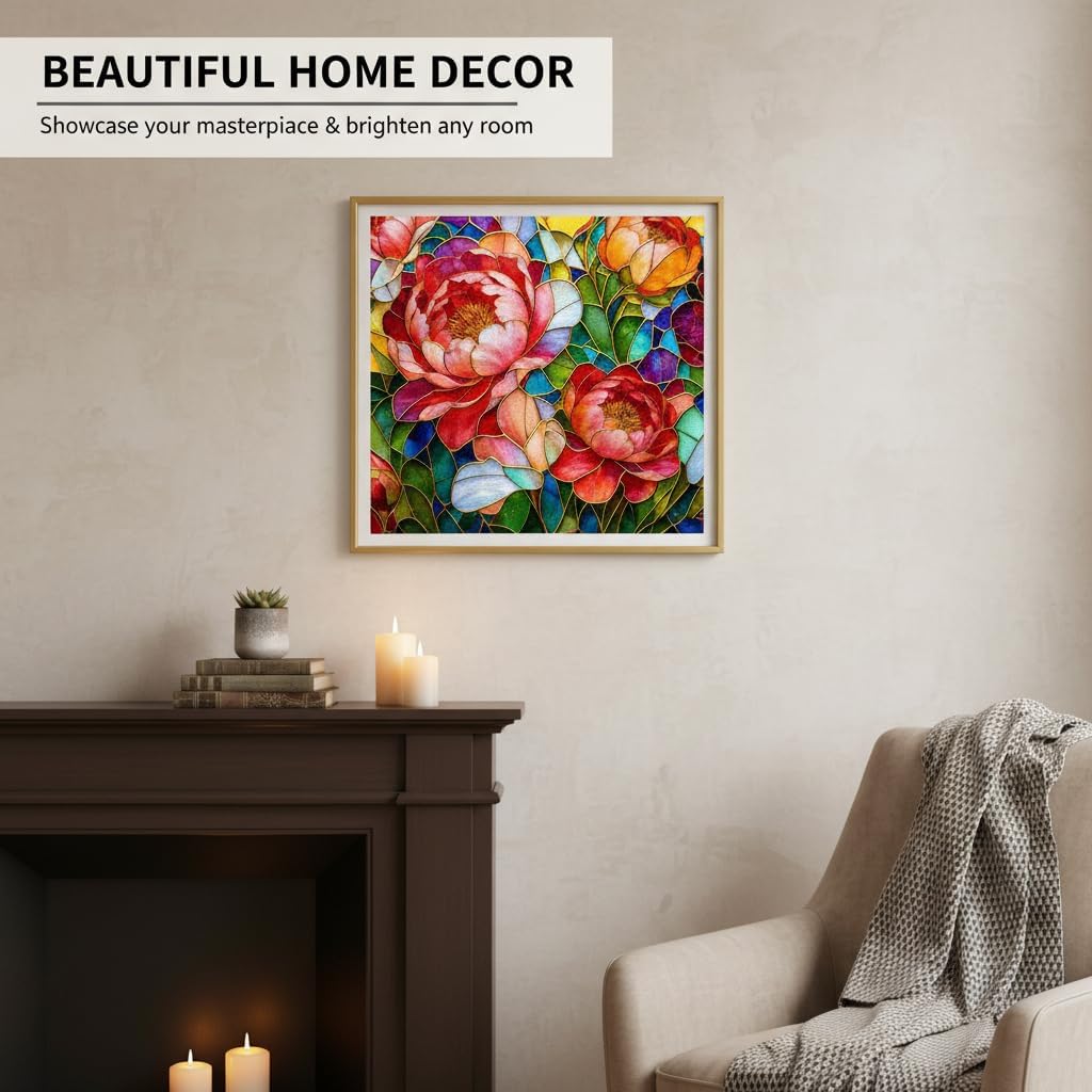 CNHONG 5D Diamond Art Kits for Adults, Peony Flowers Diamond Painting Kits for Adults Beginner, Full Drill Round Paint by Diamonds Dot Gem Art for Home Wall Decor 12x16inch